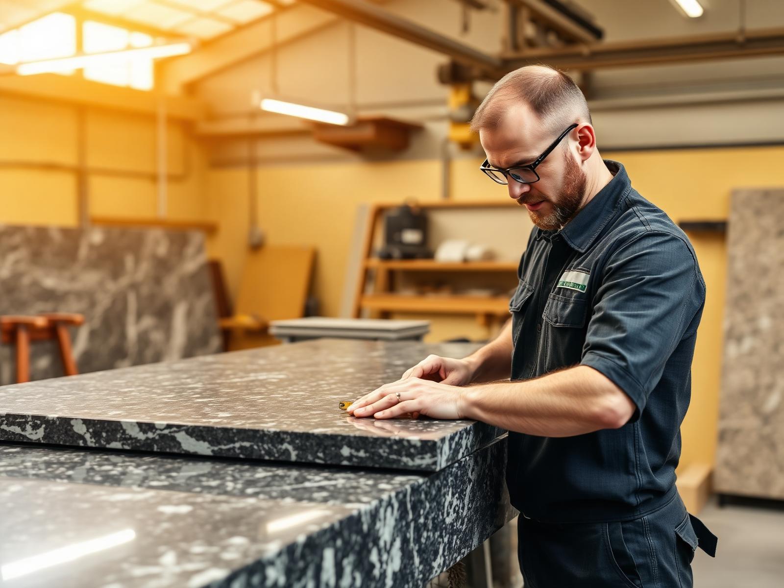 CS Granite craftsman measuring a marble slab